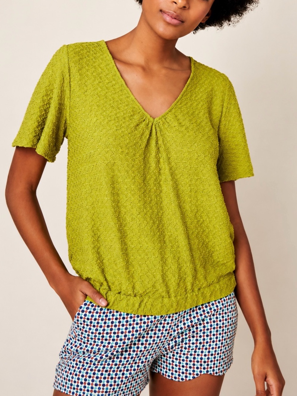 Anthropologie Sunday in Brooklyn Sidonie Chartreuse Banded Textured Top Size S